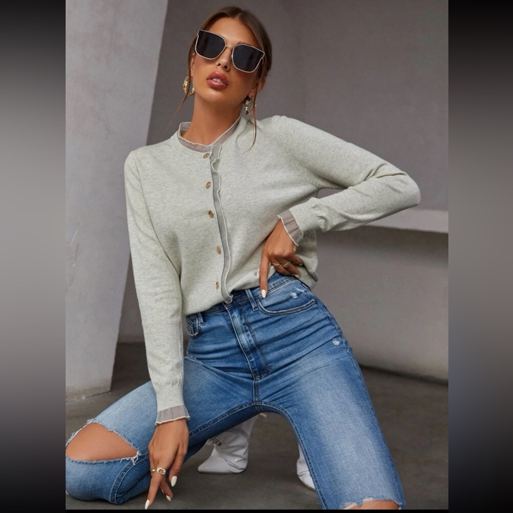 Contrast Mesh Button Front Cardigan